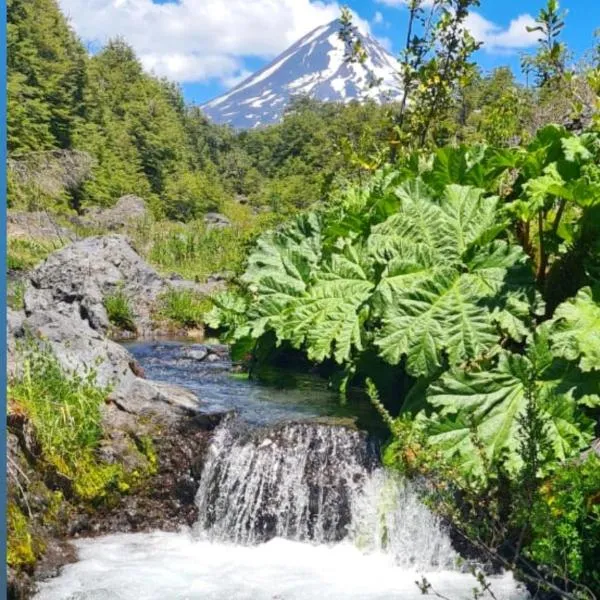 Vista al volcán con tinaja y río en Conguillío，位于库拉考廷的酒店