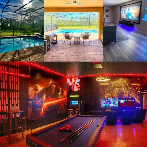 8BR VILLA NEAR DISNEY-VIEW/PRIVACY/POOL & SPA/PS5/EV，位于基西米的酒店