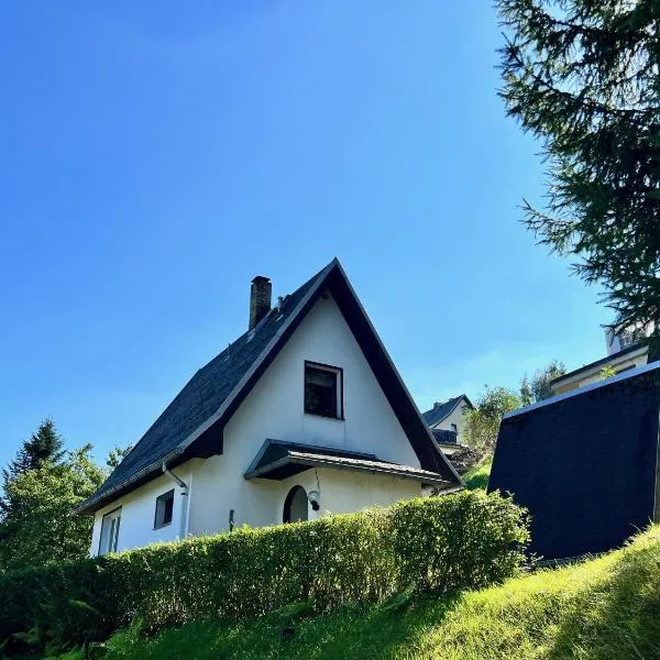 Urige Berghütte mit Kamin in Pobershau im Erzgebirge nahe Schwarzwassertal，位于Pobershau的酒店