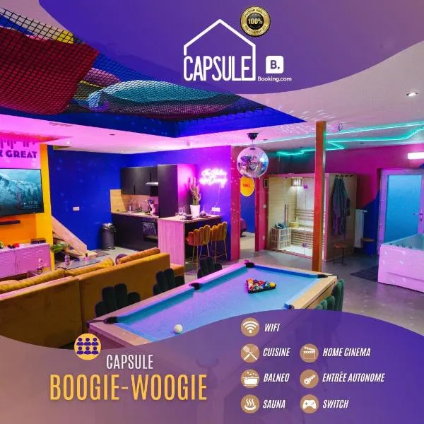 Capsule Boogie-Woogie - JACUZZI - SAUNA - BILLARD - JEUX - ECRAN GÉANT - FILET SUSPENDU - NETFLIX，位于Ronquières的酒店