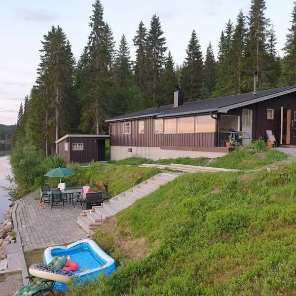 Idyllic lakeside cabin with private beach and boat，位于Vassli的酒店