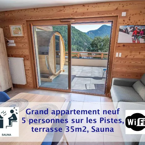 Dans résidence neuve LE SNOW ROC sur les pistes, grand studio cosy 5 pers avec terrasse panoramique, SAUNA, WIFI，位于圣让多尔普的酒店