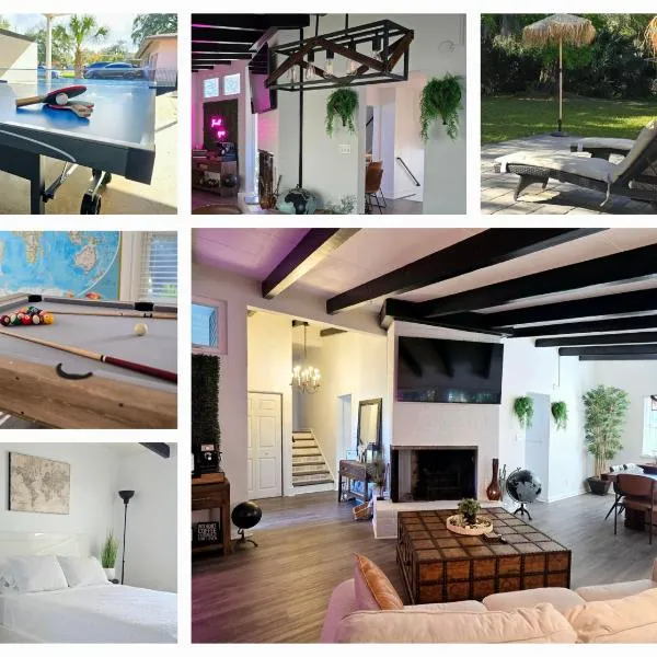 904 Nomad's Nest Mid-Century modern entertainment home with cabin vibes, 2 MEGA gamerooms, pingpong, pooltable, gym, patio，位于杰克逊维尔的酒店