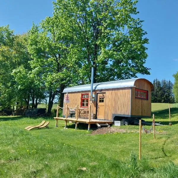 Benno der Wagen - kreativ gestaltetes Tiny House AM WALDRAND Nahezu Alleinlage Rennsteig Grünes Band NATUR PUR Hund willkommen，位于Tettau的酒店