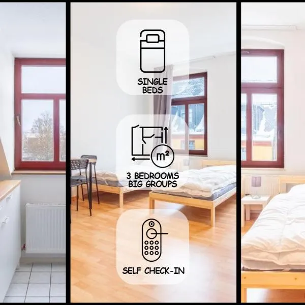 Perfekt für Gruppen mit Waschmaschine, Einzelbetten, Küche，位于开姆尼茨的酒店