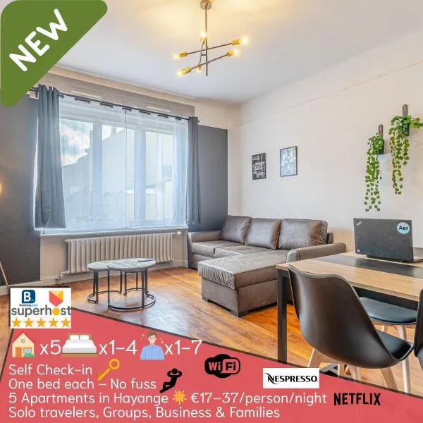 1 STUDIO & 5 APPTS - 1 à 4 lits - 1 à 7 pers - max 31 pers - 1 immeuble - Confort, Flexibilité ------ ENGLISH - 1 STUDIO & 5 APTS - 1 to 4 beds - 1 to 7 guests - up to 31 - same building -- Cattenom，位于Hayange的酒店