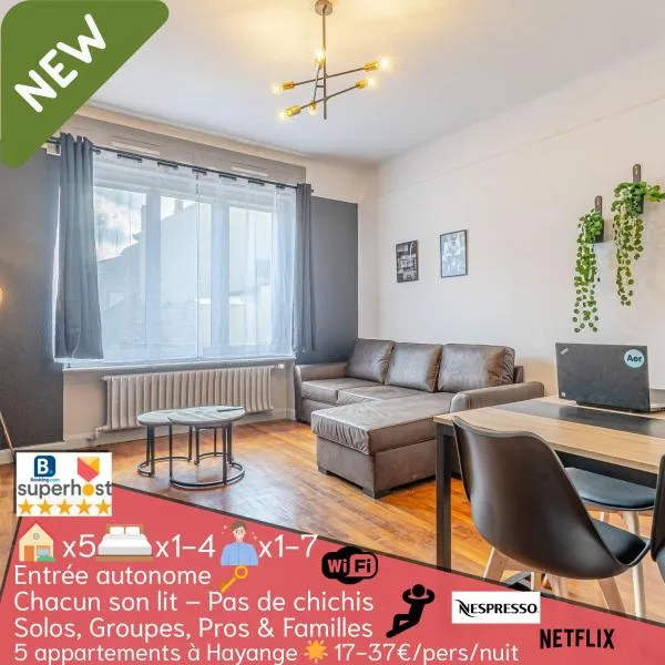 1 STUDIO & 5 APPTS - 1 à 4 lits - 1 à 7 pers - max 31 pers - 1 immeuble - Confort, Flexibilité ------ ENGLISH - 1 STUDIO & 5 APTS - 1 to 4 beds - 1 to 7 guests - up to 31 - same building -- Cattenom，位于Hayange的酒店