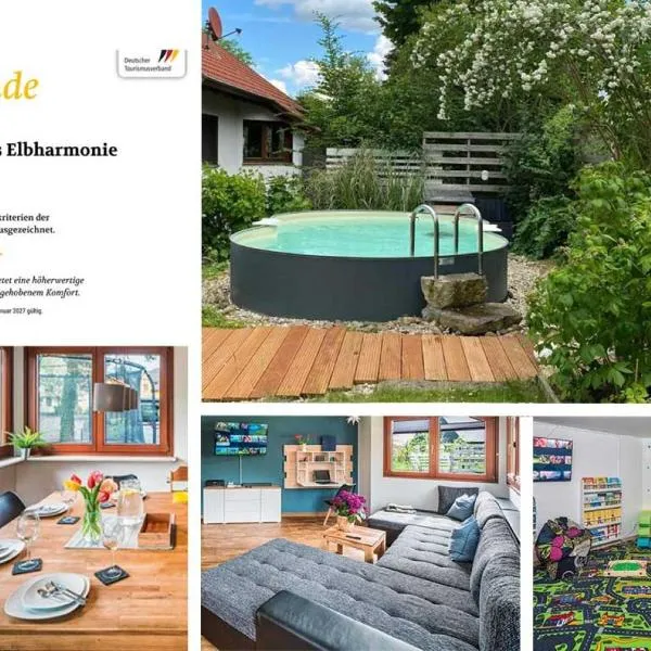 Ferienhaus Elbharmonie - Hunde willkommen, Garten vollständig umzäunt, Pool, Kamin und Spielzimmer - super für Familientreffen，位于德累斯顿的酒店