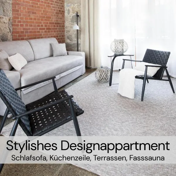HexenburgbeiDresden mit Faßsauna Stylishes Designerappartement mit Schlafsofa, Terrasse - Nähe Sächsische Schweiz Dresden，位于Großharthau的酒店