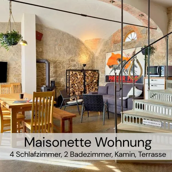 HexenburgbeiDresden Maisonette über 2 Etagen mit 4 Schlafzimmern, Kamin, Terrasse und Faßsauna, Nähe Sächsische Schweiz Dresden，位于Großharthau的酒店