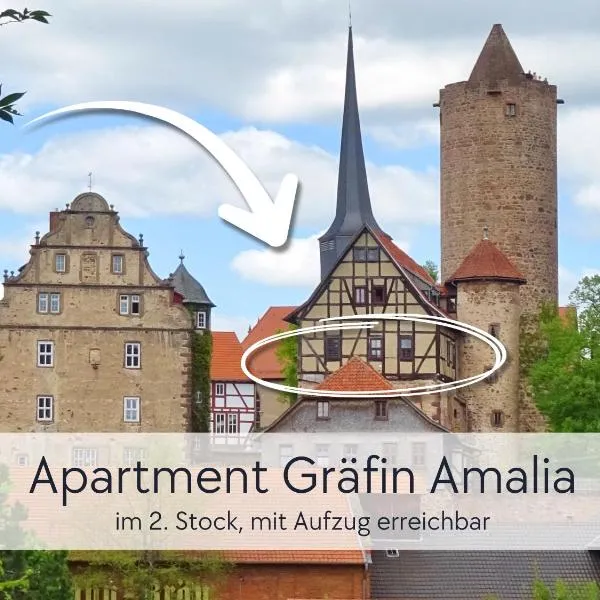 Amalias Burgwohnung - stilvolles Apartment mit Aufzug & Garten in der Hinterburg Schlitz - 2 Schlafzimmer, Parkplatz, Historisches Flair für Paare & Ruhesuchende，位于施利茨的酒店
