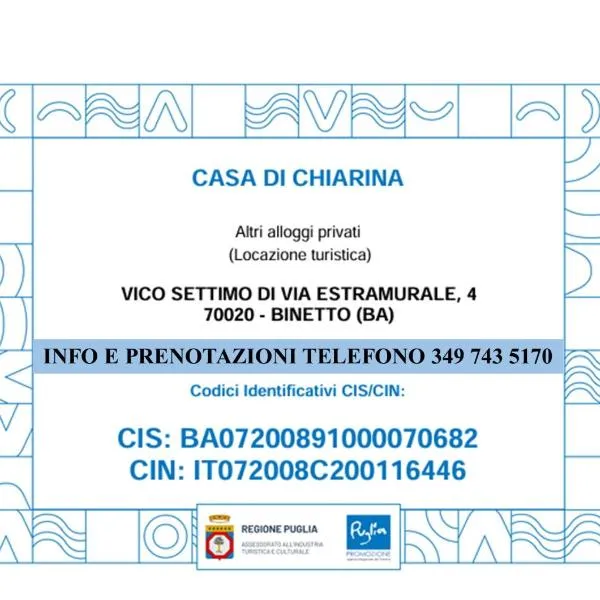 casa di Chiarina, primo piano e piano terra，位于Binetto的酒店