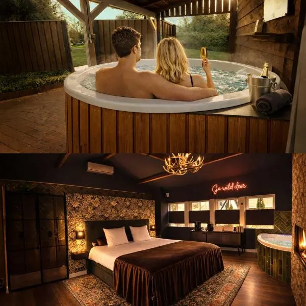 Wellness Tuin Horst Noord Limburg - Suite met Indoor Jacuzzi, Openhaard, Privé Hottub en Privé Sauna in Jachthut stijl - Gratis Fles Prosecco & Leuke Partner connect box ! - Ultieme Partner Beleving，位于霍斯特的酒店