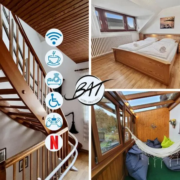 BAT Home Solutions Trier-Euren - alles was ein Hotel nicht bietet - 10 Min zur Altstadt - 98 qm Scheune für 9 Personen mit Sternenhimmel, Wintergarten, Grill und Kino - barrierefrei dank Lift & Auffahrt，位于特里尔的酒店