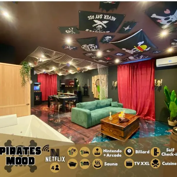 Pirate Mood - Jacuzzi - Sauna - Jeux d'arcade - Billard - Nintendo - TV XXL，位于Courcelles的酒店